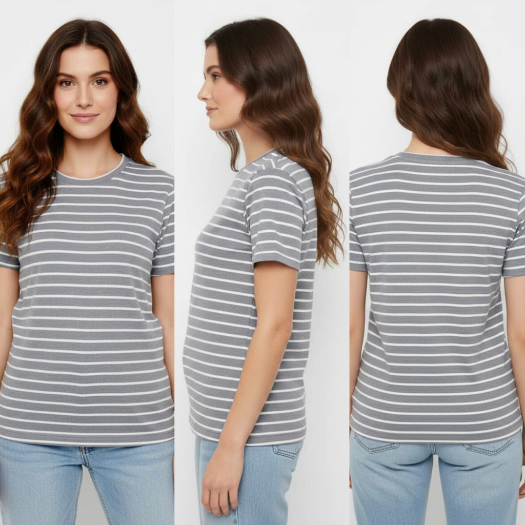 Melange Colour White Line Stripe Ladies Top – Regular Fit