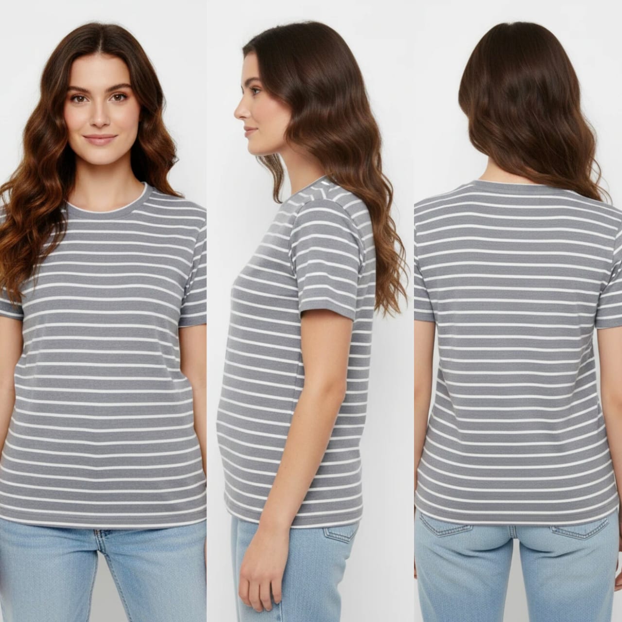 Melange Colour White Line Stripe Ladies Top – Regular Fit