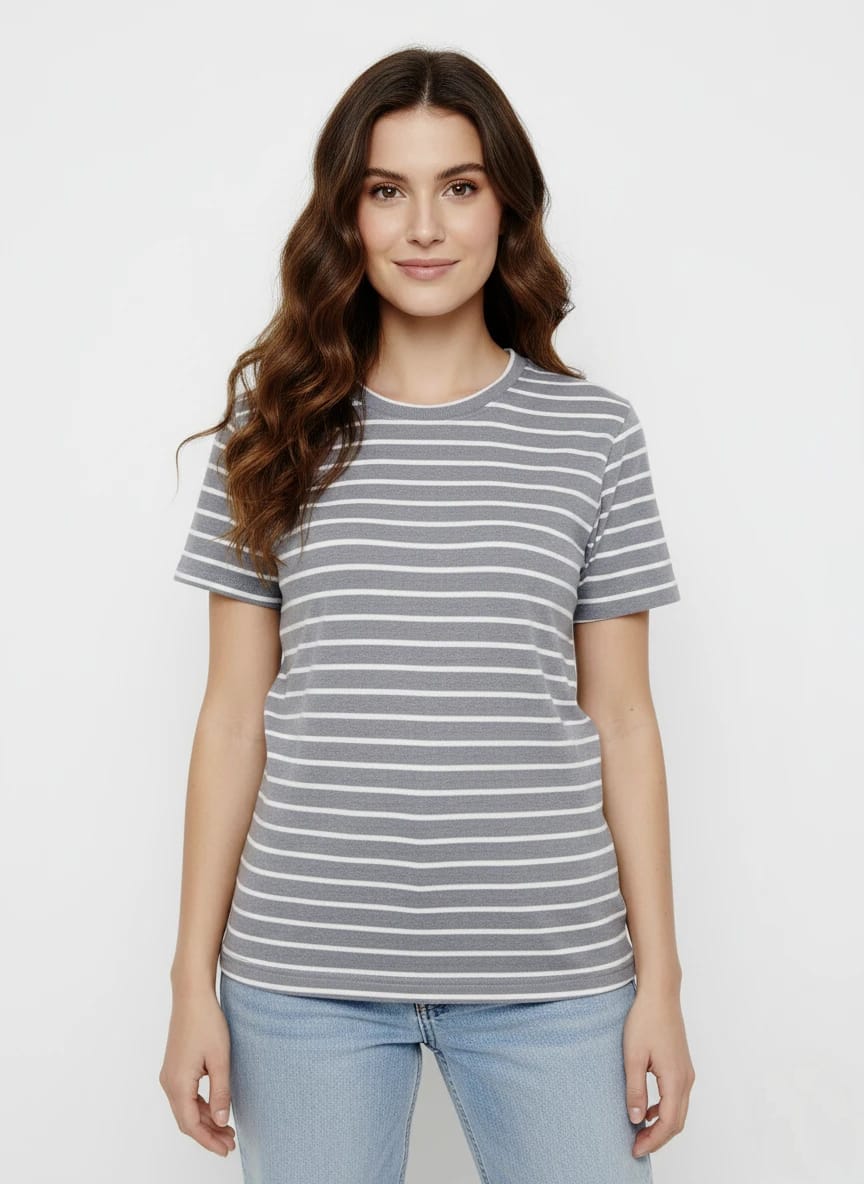 Melange Colour White Line Stripe Ladies Top – Regular Fit