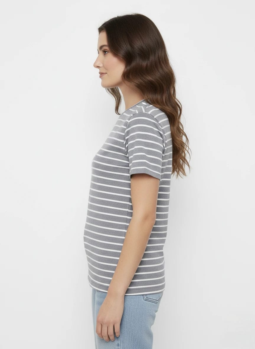 Melange Colour White Line Stripe Ladies Top – Regular Fit