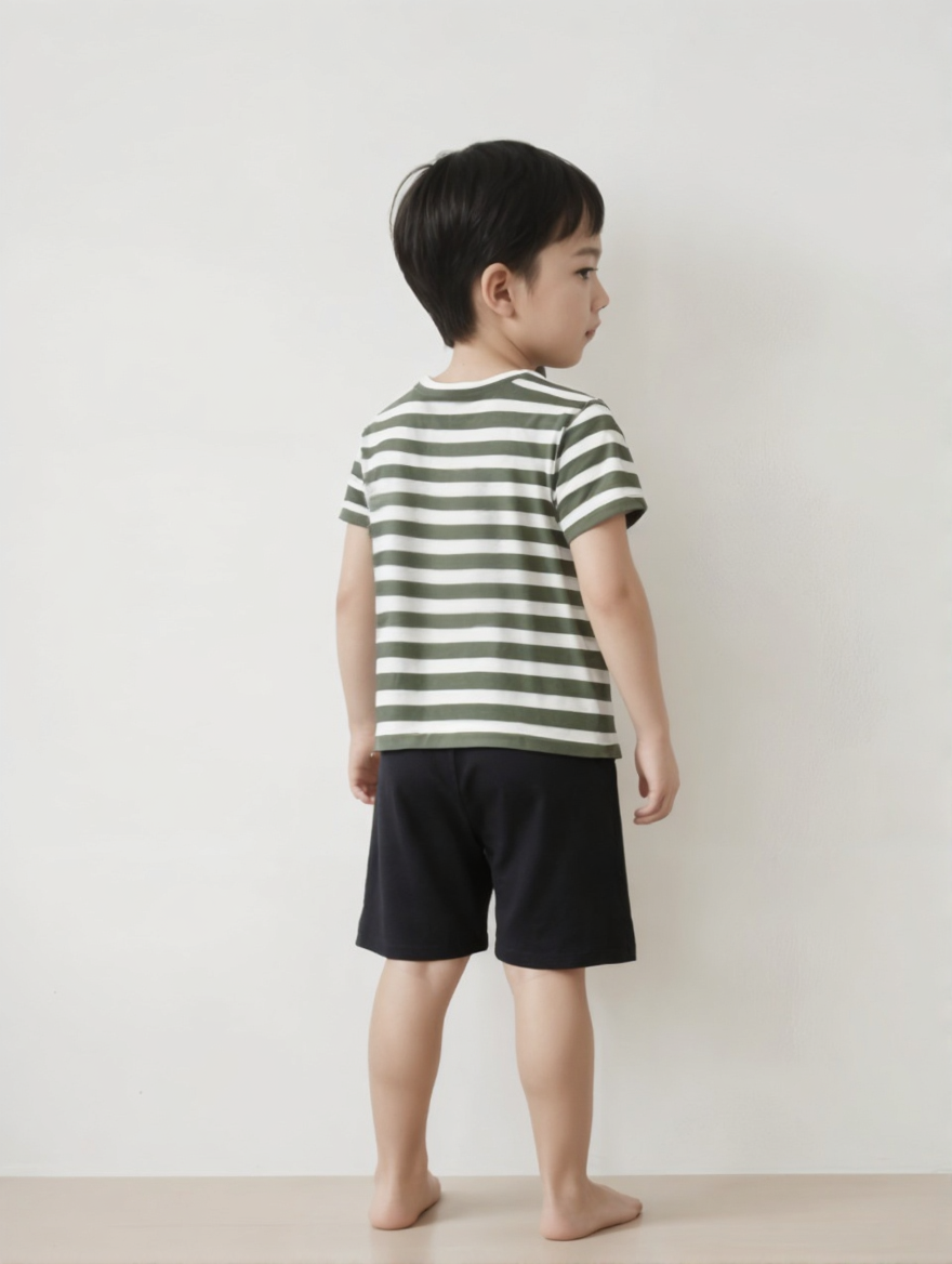 Green Striped T-Shirt & Black Shorts Set for Kids