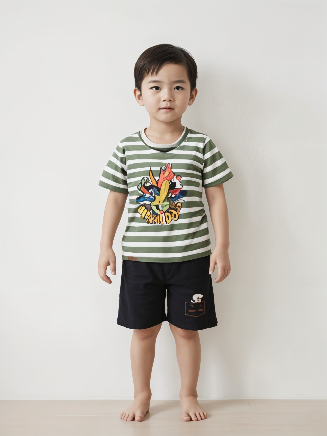 Green Striped T-Shirt & Black Shorts Set for Kids