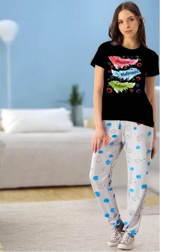 Women’s Melange Cotton Pyjama – Black & Royal Blue Print